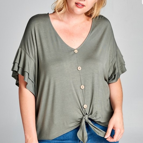 Emerald Tops - Tiered Sleeve V-Neck Button Too